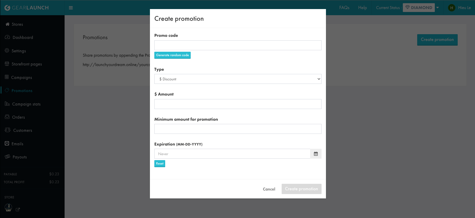 Mockup of GearLaunch promotion setup screen showing free shipping threshold, discount code field, and category filter options.