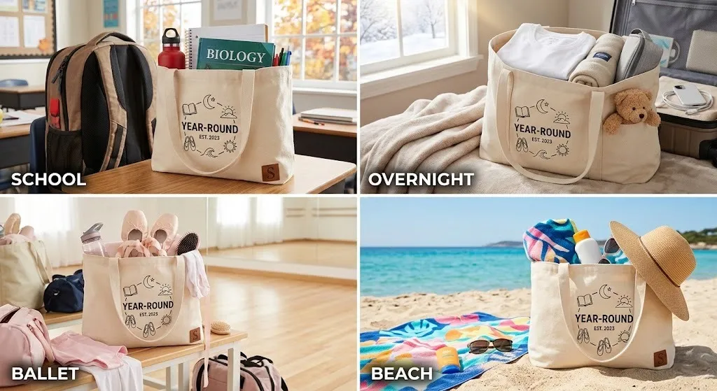 Personalized canvas tote used as school bag, overnight bag, ballet bag, and beach carryall showing year-round use