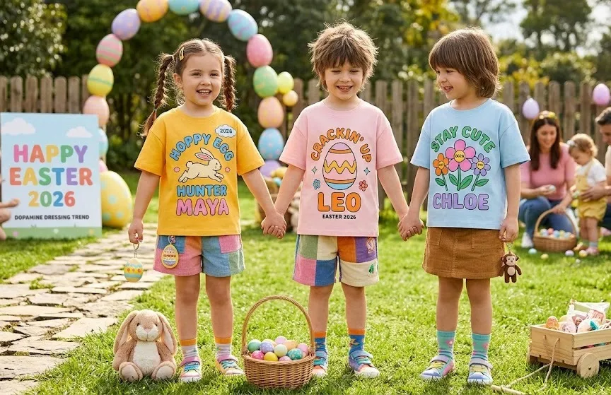Personalized kids Easter shirts in Golden Glow, Spring Blush, and Sky Blue Serenity showing 2026 dopamine dressing trend