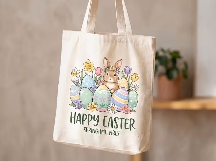 Personalized canvas tote showing sustainability and year-round usability benefits