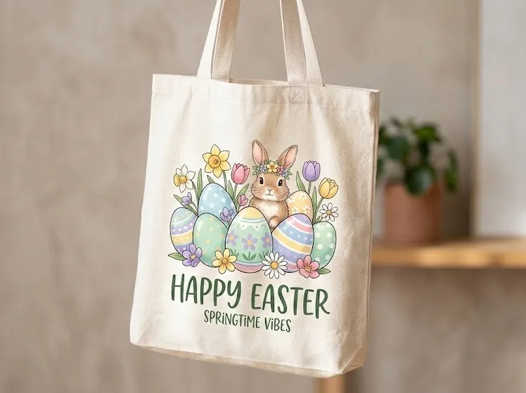 Personalized canvas tote showing sustainability and year-round usability benefits