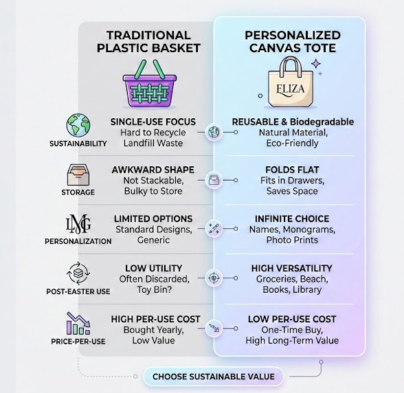 Infographic comparing traditional plastic Easter basket and personalized canvas tote across sustainability, storage, personalization, and price per use