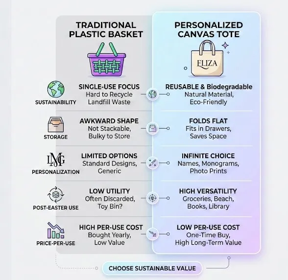 Infographic comparing traditional plastic Easter basket and personalized canvas tote across sustainability, storage, personalization, and price per use