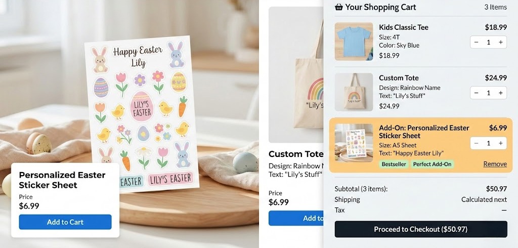 Ecommerce cart mockup showing personalized Easter sticker sheet as impulse add-on item for last-minute shoppers