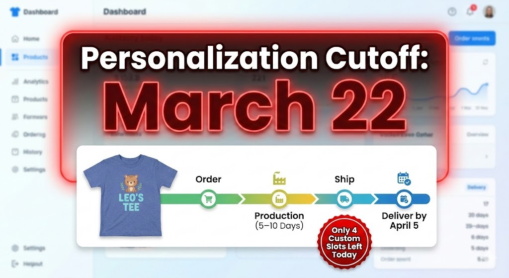 Personalized Kids Classic Tee mockup with production timeline bar