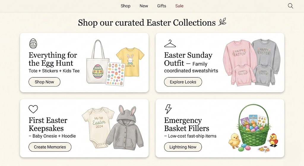 Grid layout organizing Easter products by use-case including egg hunt essentials and first Easter keepsakes