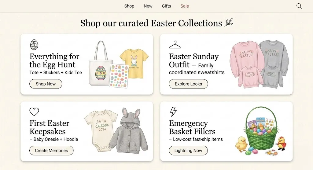 Grid layout organizing Easter products by use-case including egg hunt essentials and first Easter keepsakes