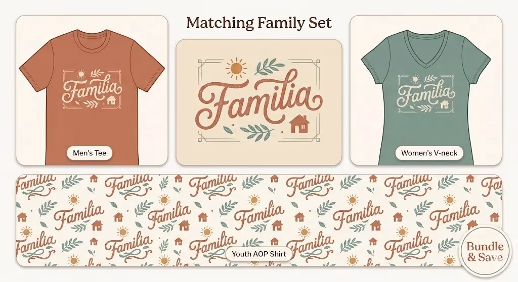 Matching family apparel set for Cinco de Mayo featuring multi-generational designs on GearLaunch shirts.