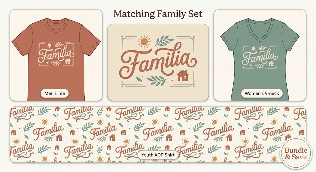 Matching family apparel set for Cinco de Mayo featuring multi-generational designs on GearLaunch shirts.