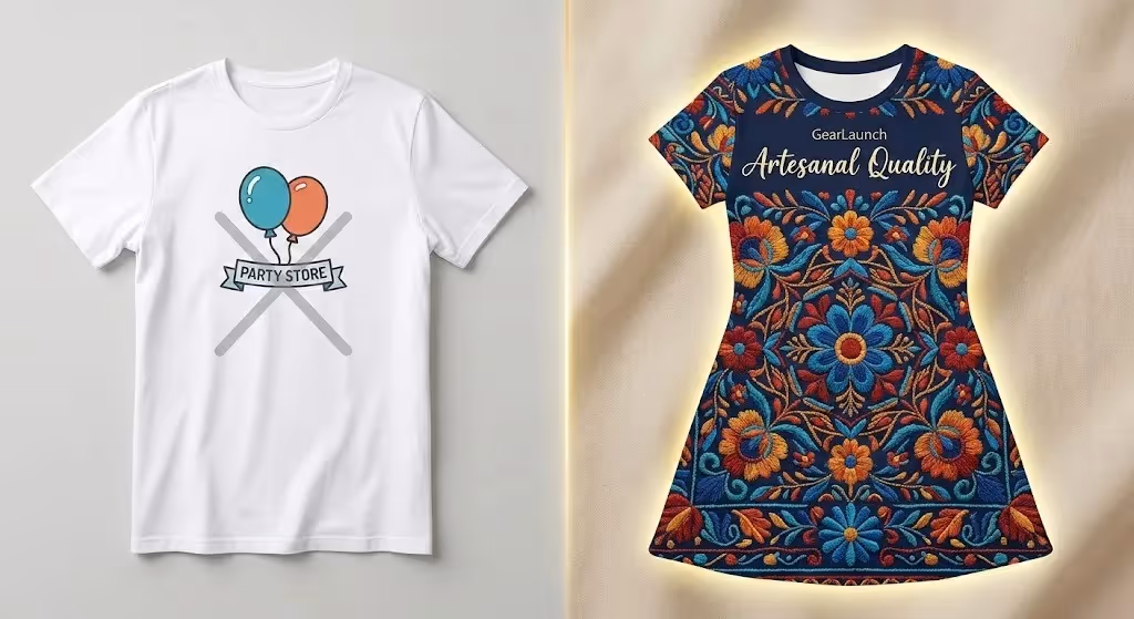 Comparison between generic party graphics and high-quality artisanal Mexican embroidery patterns for print-on-demand.
