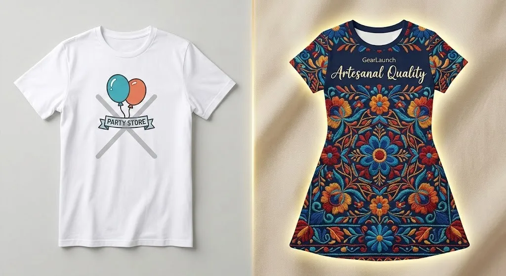 Comparison between generic party graphics and high-quality artisanal Mexican embroidery patterns for print-on-demand.