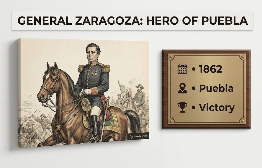 Educational historical wall art design commemorating the Battle of Puebla for Cinco de Mayo.