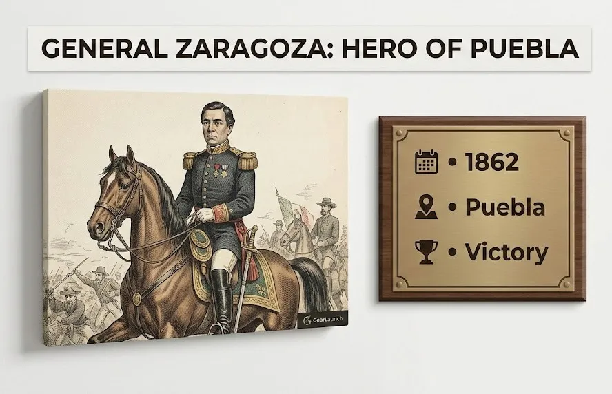 Educational historical wall art design commemorating the Battle of Puebla for Cinco de Mayo.