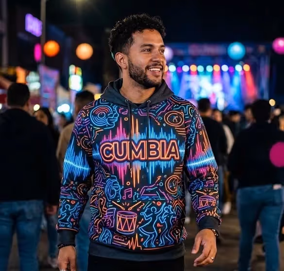 Modern Cumbia themed all-over-print hoodie with neon typography for music lovers.