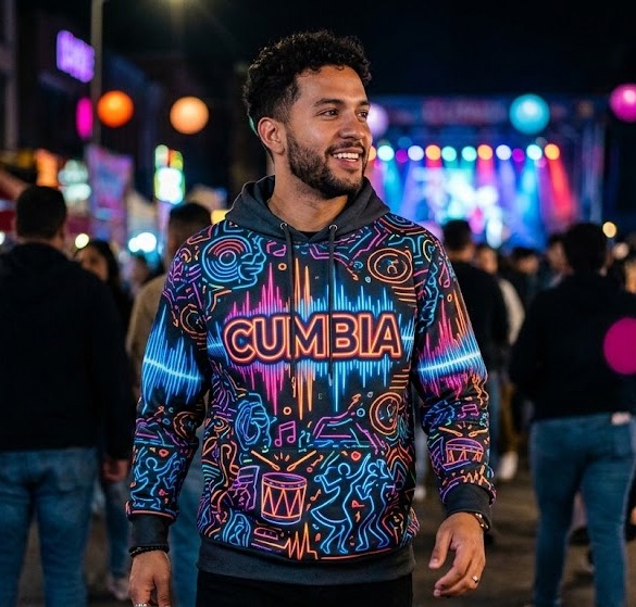 Modern Cumbia themed all-over-print hoodie with neon typography for music lovers.