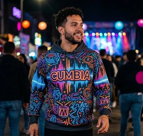Modern Cumbia themed all-over-print hoodie with neon typography for music lovers.