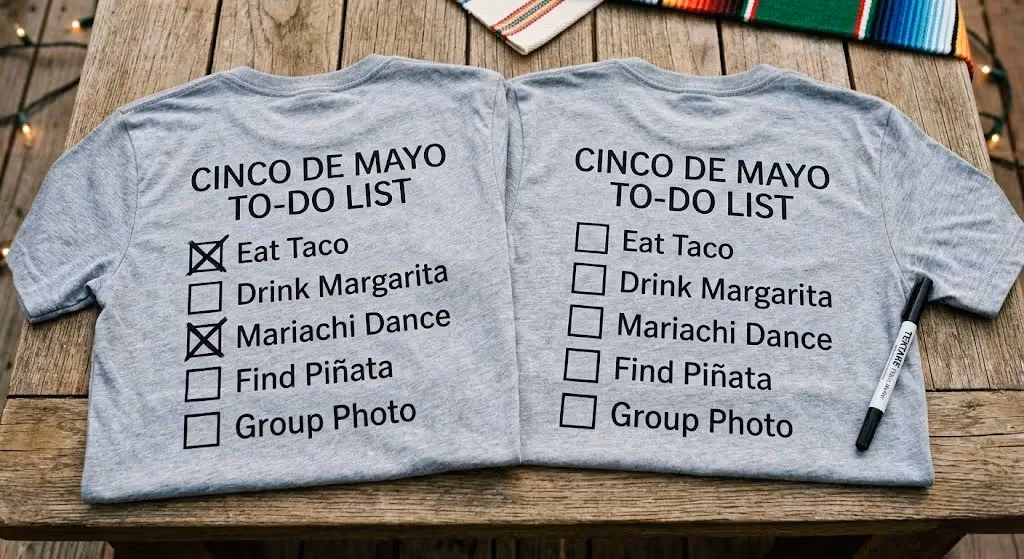 Close-up view of the back of two gray t-shirts featuring an interactive 'Cinco de Mayo To-Do List' with checked-off items.