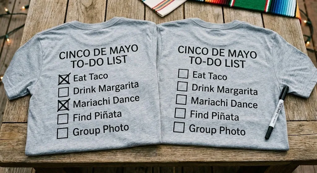 Close-up view of the back of two gray t-shirts featuring an interactive 'Cinco de Mayo To-Do List' with checked-off items.