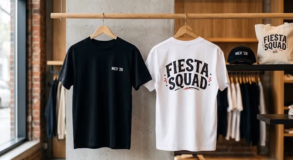 Streetwear-inspired composition featuring minimalist black and white Cinco de Mayo t-shirts and matching accessories.