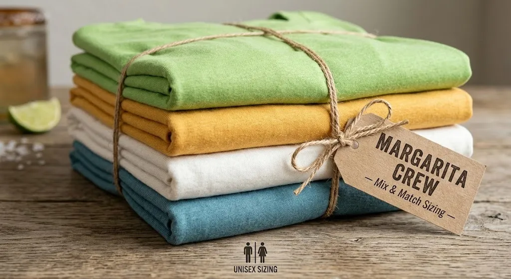A bundled stack of four folded t-shirts in a gradient of margarita colors, labeled 'Margarita Crew' with mix and match sizing
