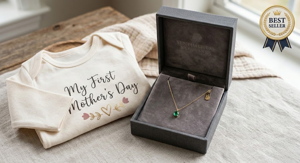 Personalized jewelry and baby onesie mockup for first-time Mother's Day gifts.