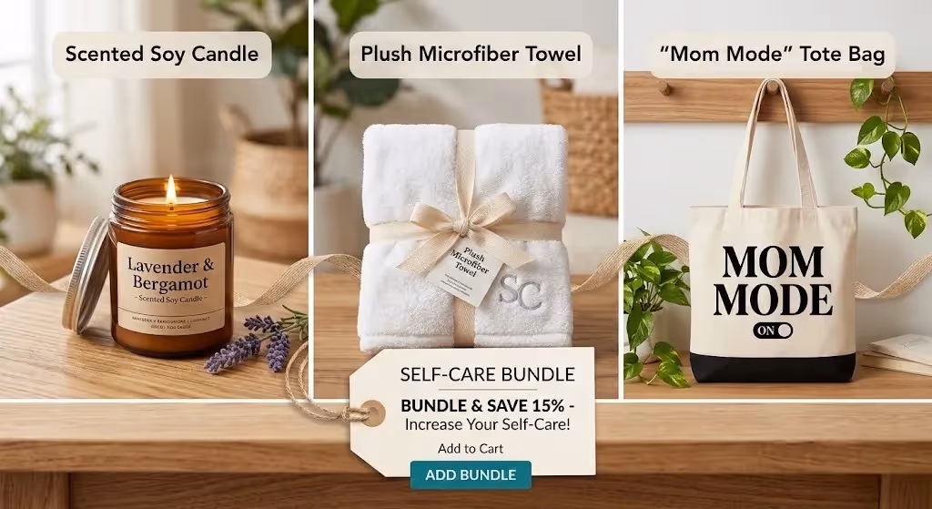 Mother's Day self-care gift bundle featuring a candle, towel, and custom tote bag. 