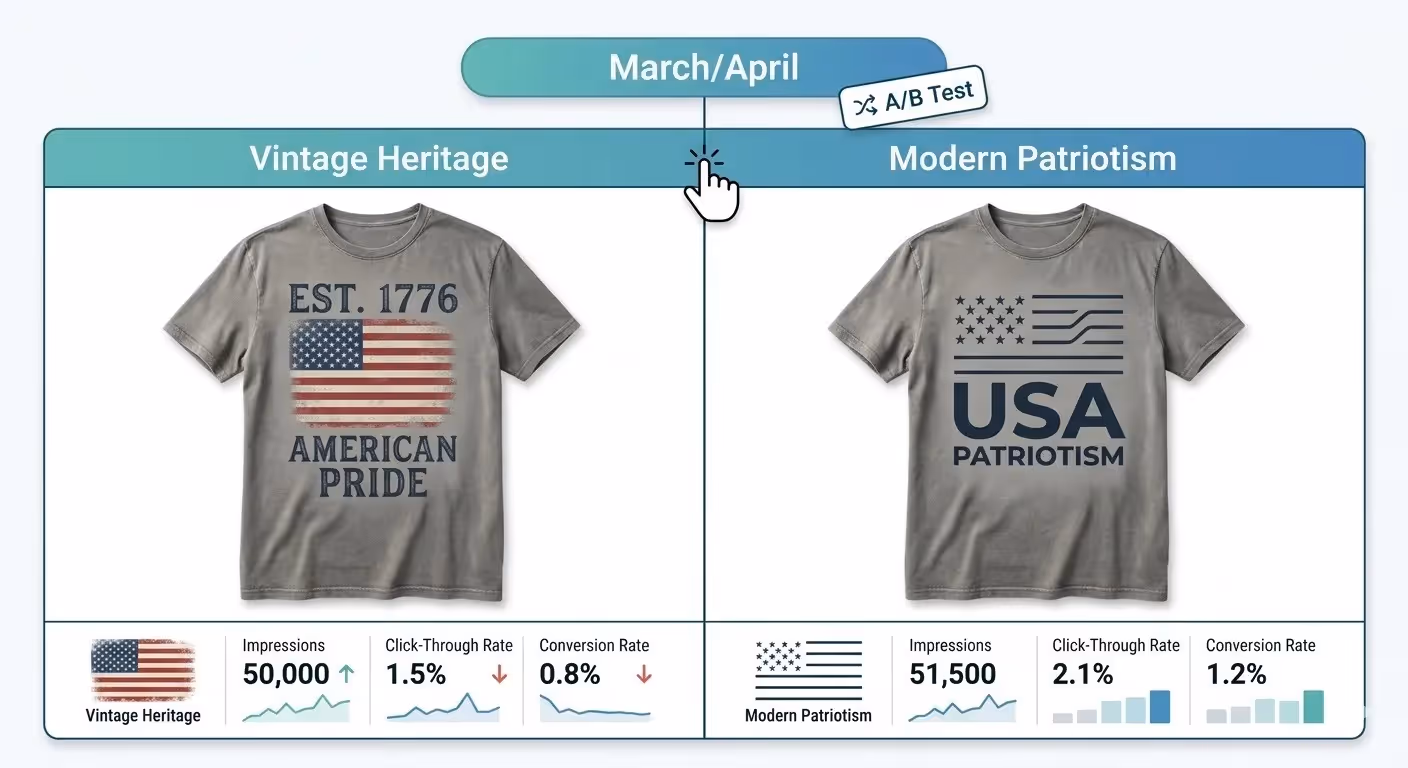 Infographic comparing two creative testing directions, Vintage Heritage and Modern Patriotism, for America 250th print-on-demand apparel campaigns in March.