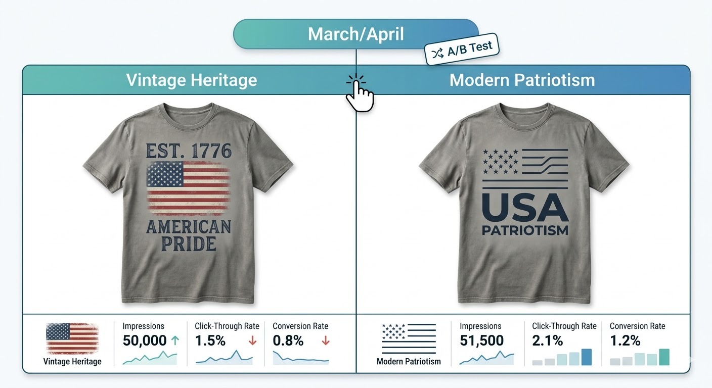 Infographic comparing two creative testing directions, Vintage Heritage and Modern Patriotism, for America 250th print-on-demand apparel campaigns in March.