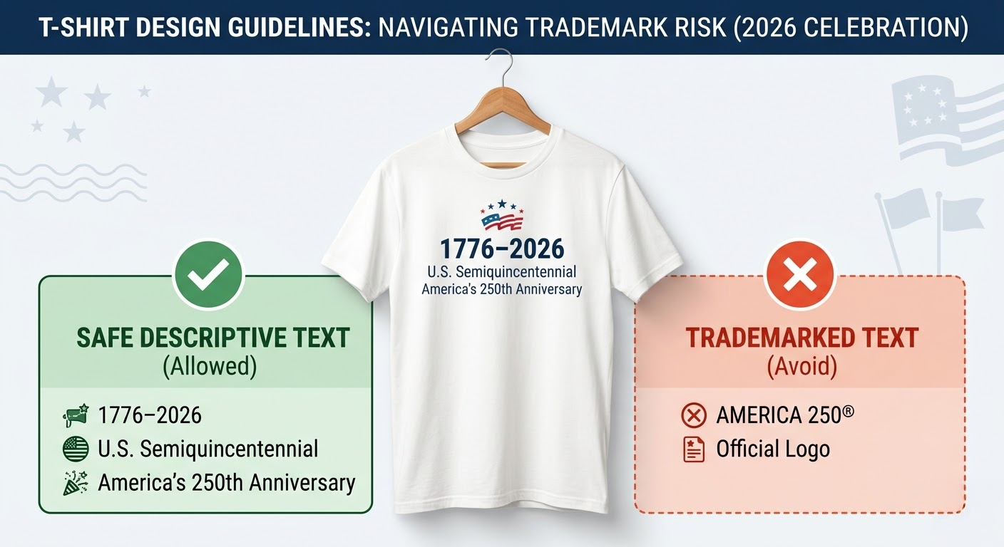 Graphic guide highlighting safe descriptive phrases like '1776–2026' and 'Semiquincentennial' versus trademarked 'America 250' marks for custom merchandise.