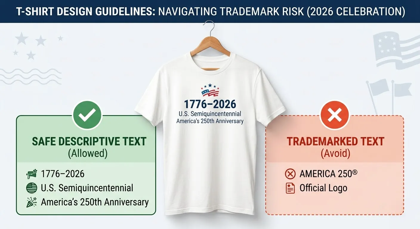 Graphic guide highlighting safe descriptive phrases like '1776–2026' and 'Semiquincentennial' versus trademarked 'America 250' marks for custom merchandise.