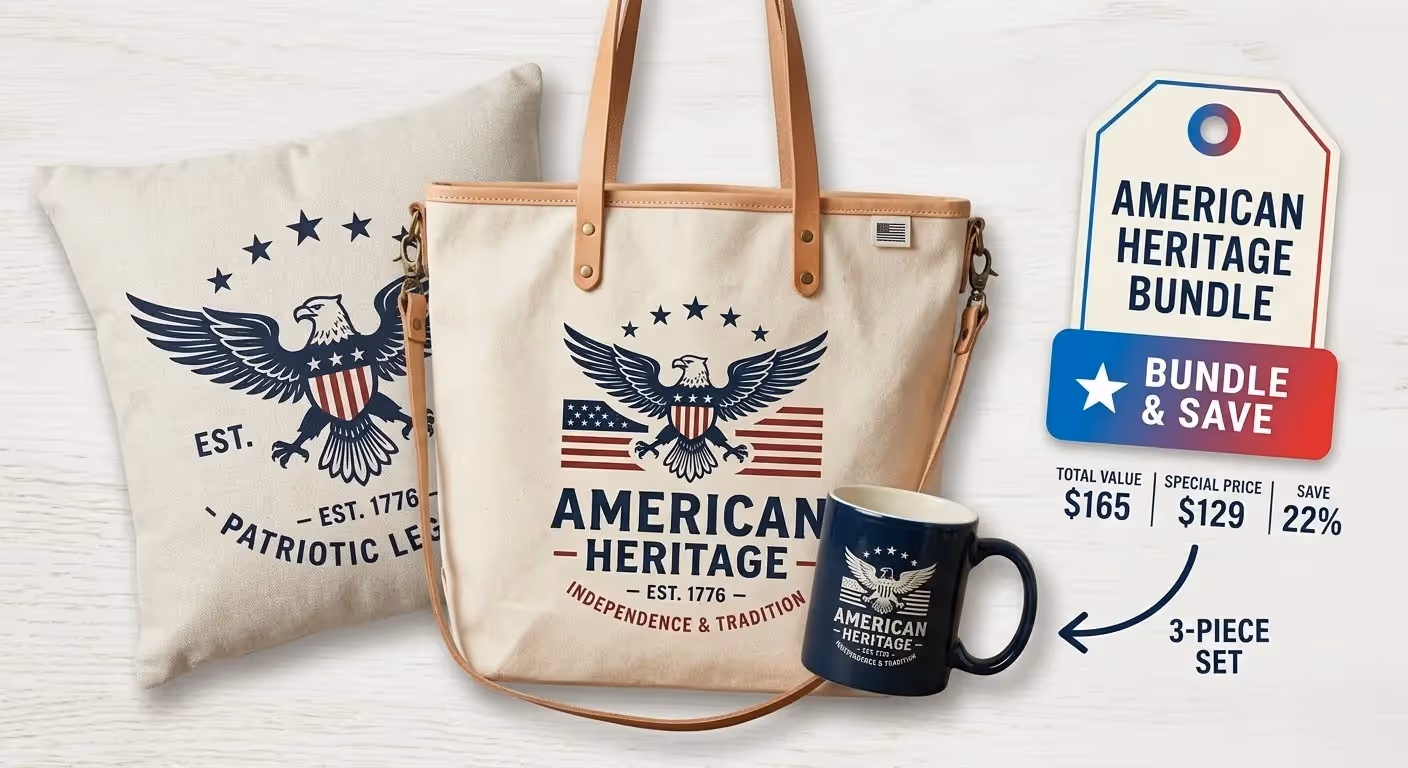 Styled print-on-demand product bundle featuring matching custom tote bag, mug, and accent pillow with an American Heritage design, encouraging higher AOV.