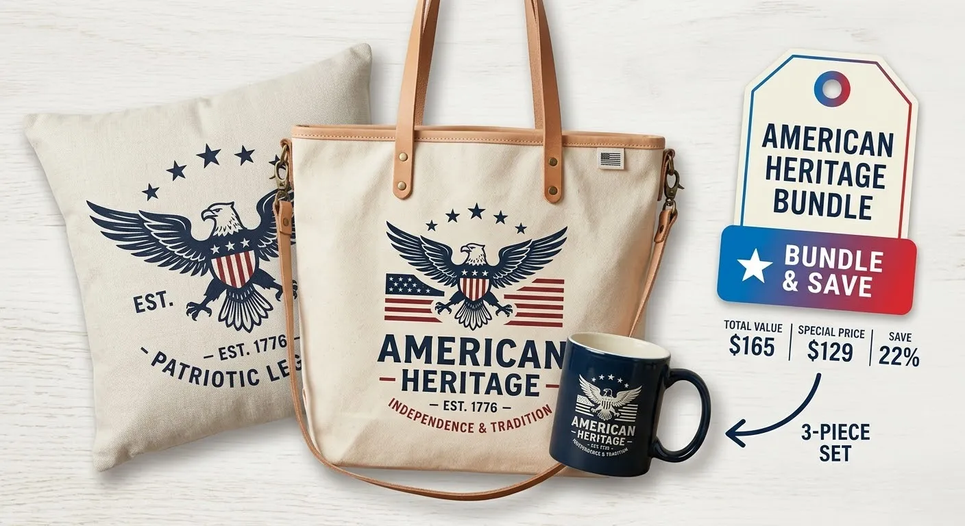 Styled print-on-demand product bundle featuring matching custom tote bag, mug, and accent pillow with an American Heritage design, encouraging higher AOV.