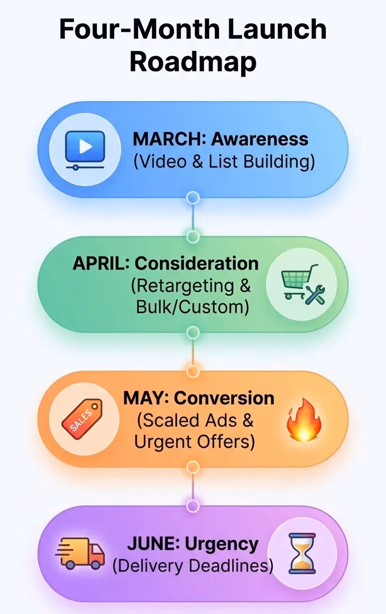A four-month timeline roadmap illustrating the phased strategy from awareness in March to conversion in May and urgency in June for America 250th campaigns.