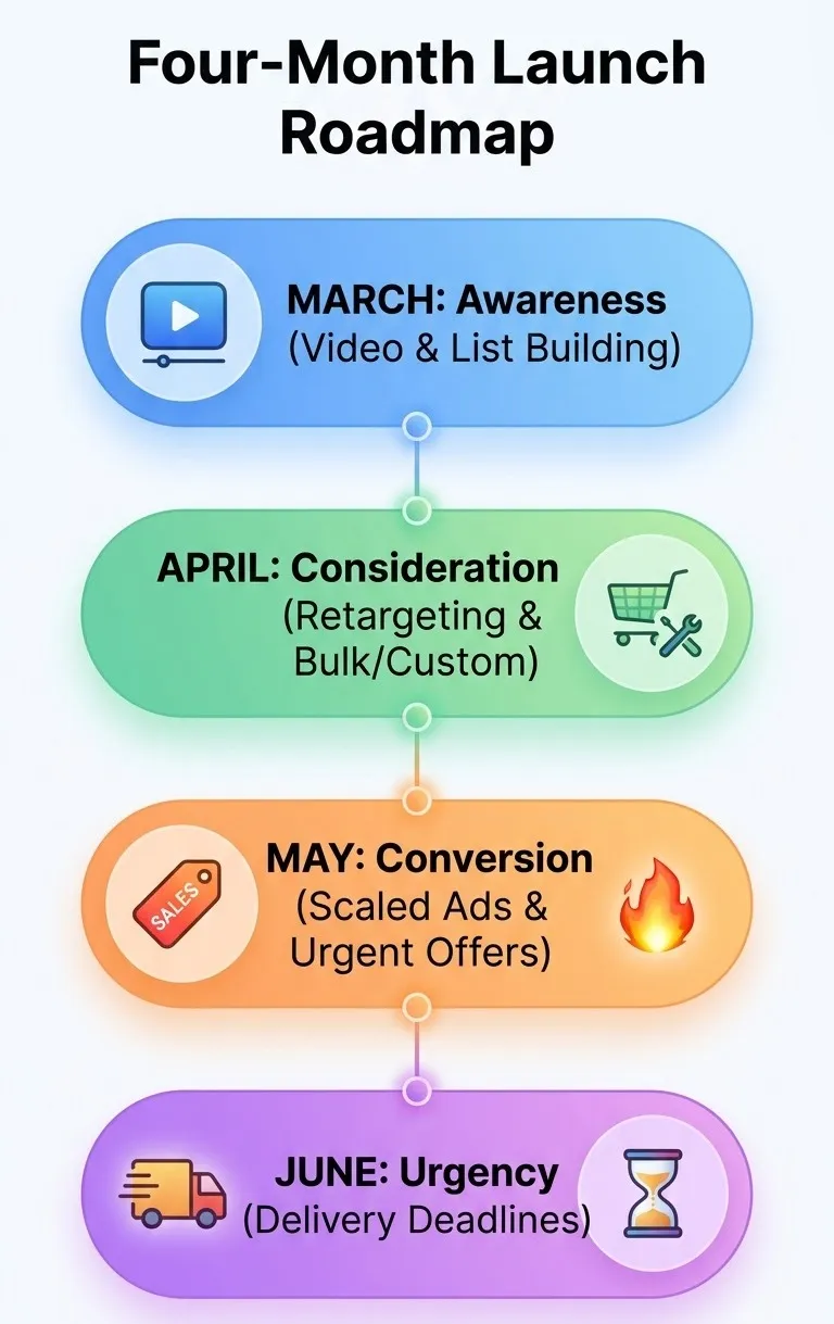 A four-month timeline roadmap illustrating the phased strategy from awareness in March to conversion in May and urgency in June for America 250th campaigns.