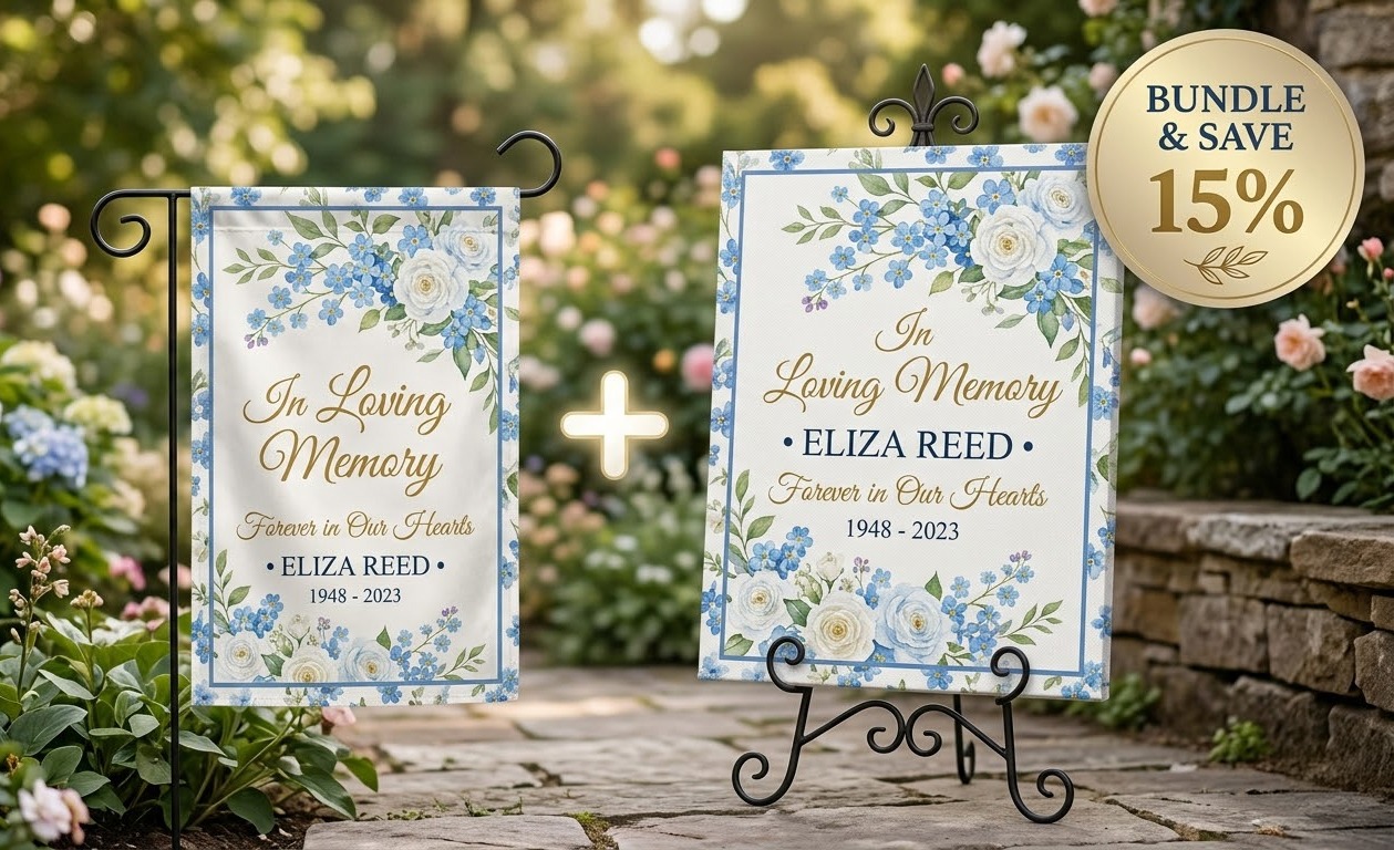 Home decor bundle mockup with patriotic garden flag and matching canvas wall art.