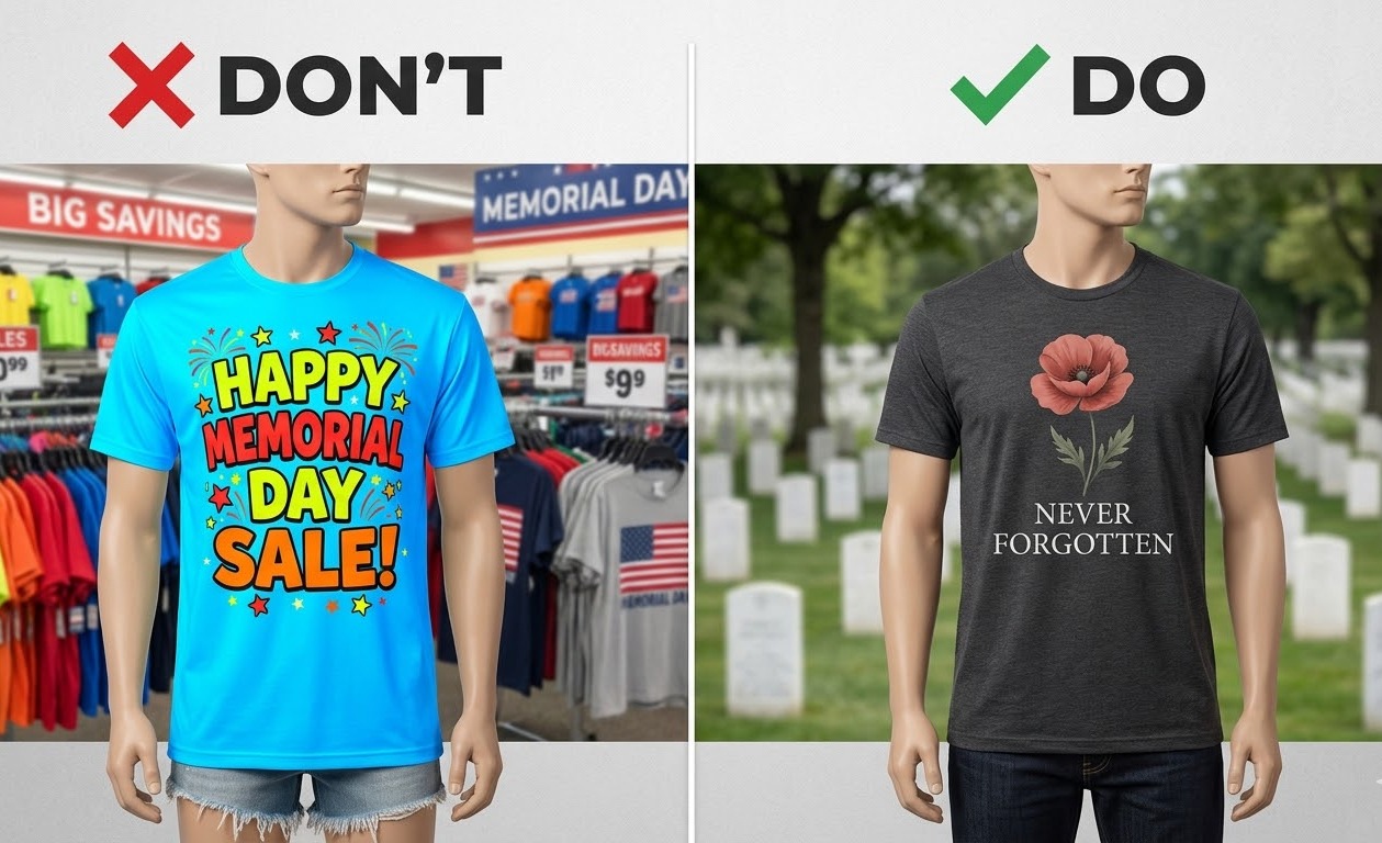 Comparison of disrespectful vs. respectful Memorial Day design aesthetics.