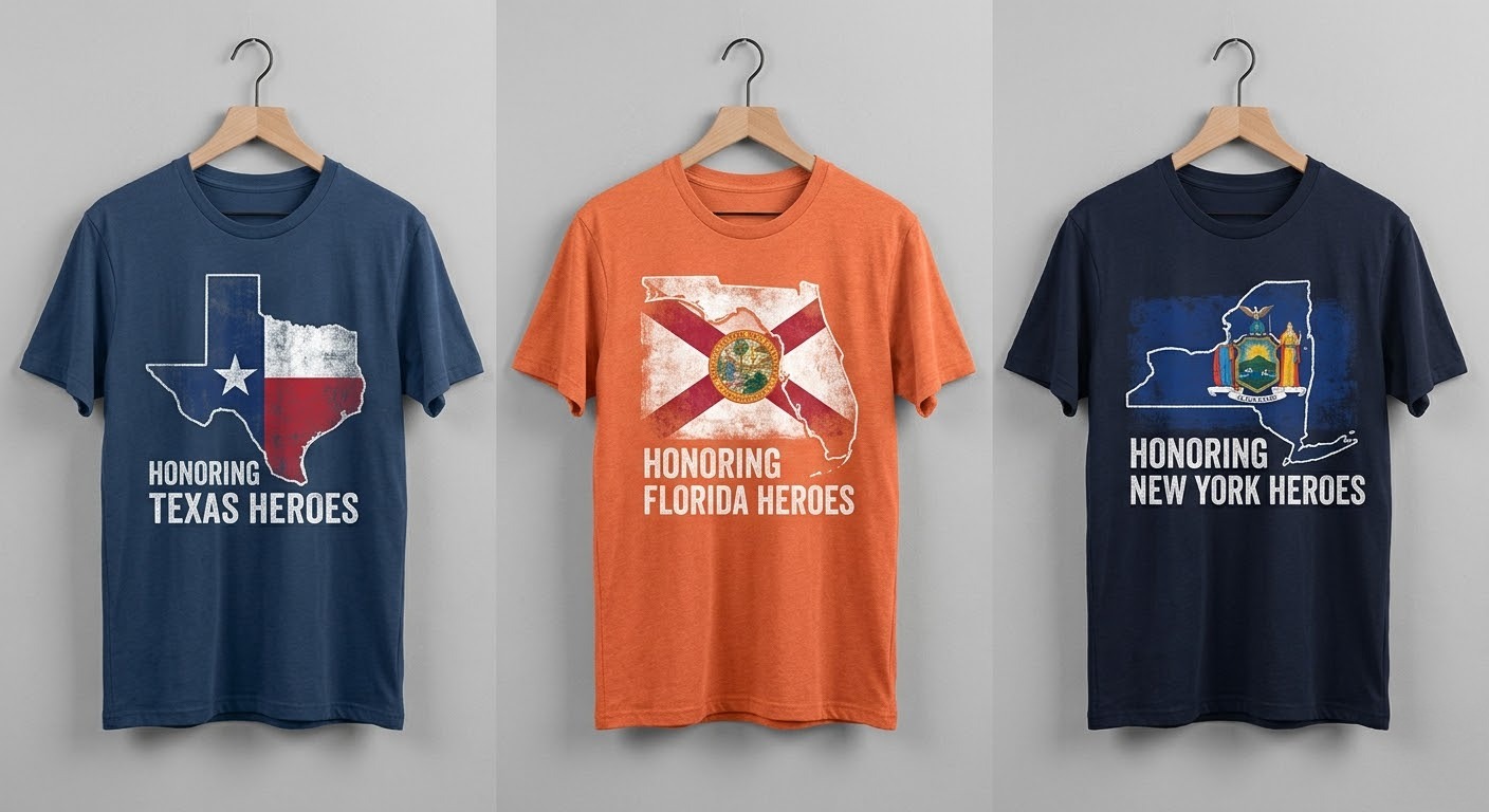 Grid of state-specific patriotic t-shirts for Memorial Day 2026.