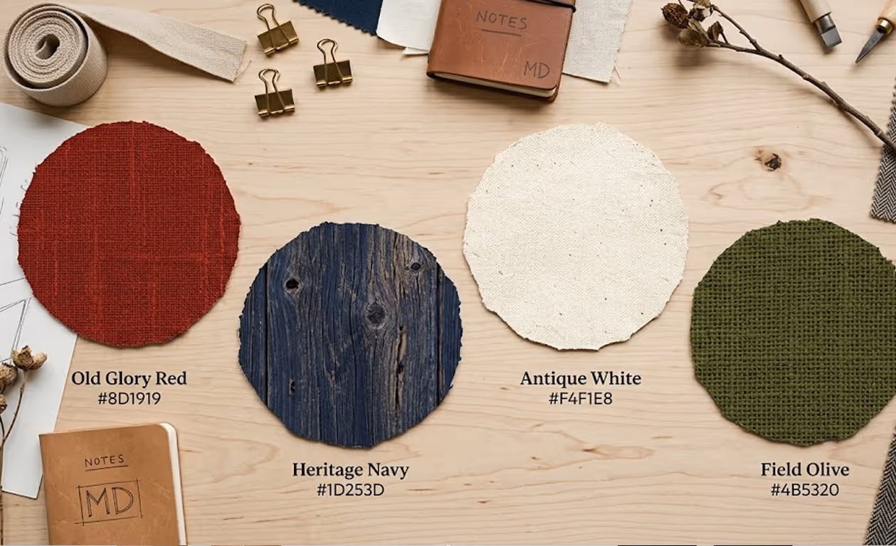 2026 Patriotic color palette featuring vintage reds, navies, and olive greens.