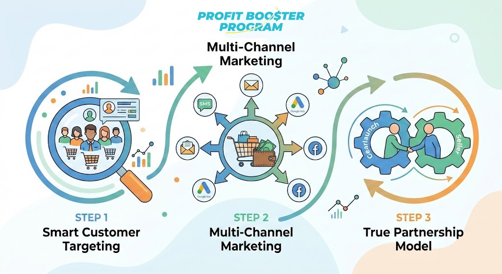 A horizontal sales funnel showing a lost store visitor being recovered through automated marketing and turned into a passive income payout