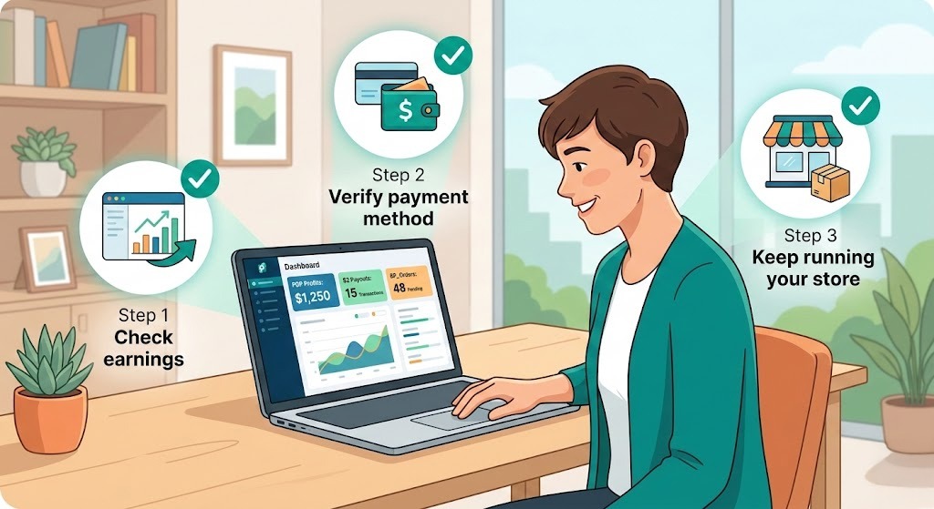 Seller viewing a dashboard with icons representing three simple setup steps