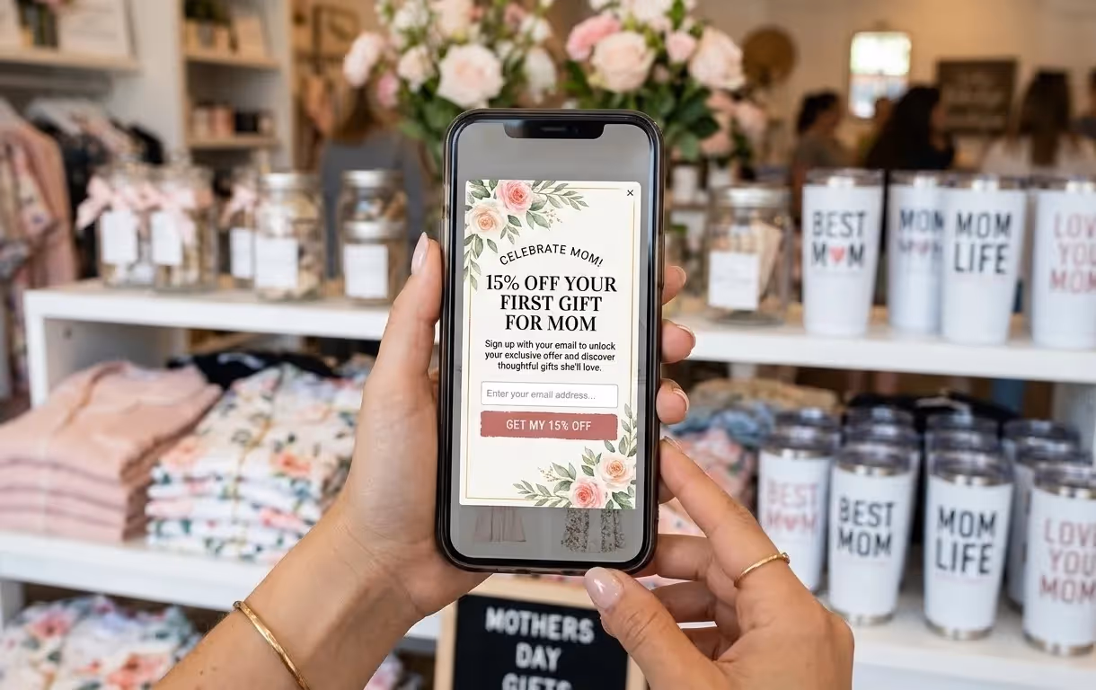 Mobile view of a Mother's Day themed email sign-up pop-up offering a 15% discount.