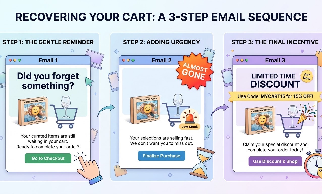 A 3-step abandoned cart email sequence visualization for print-on-demand sellers.