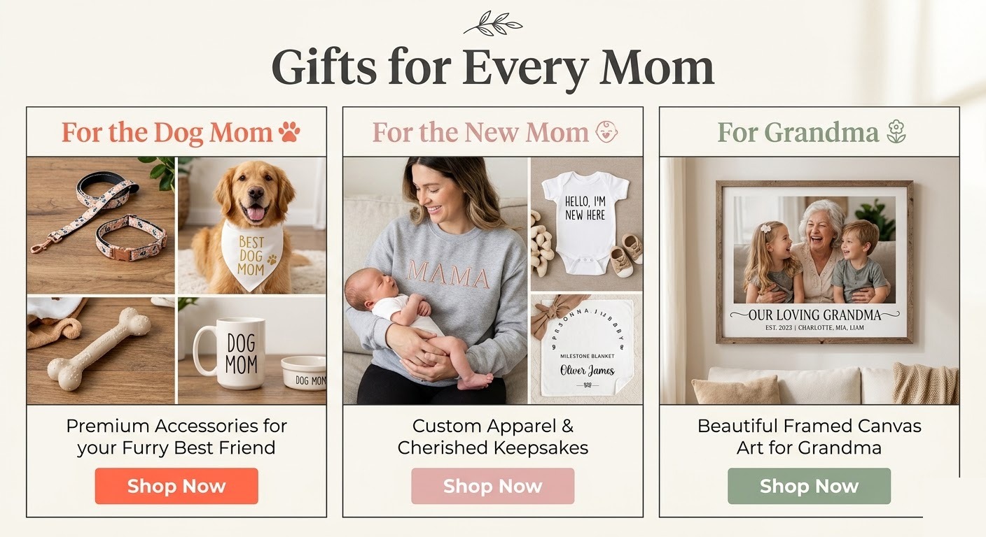 A curated gift guide layout categorized by buyer persona for Mother's Day marketing