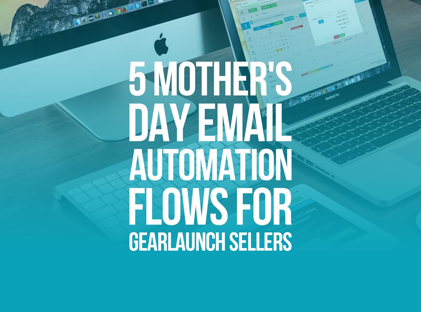 A professional setup showing Mother's Day POD products alongside an email automation dashboard on a mobile device.