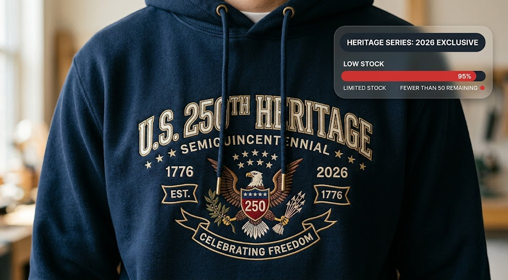 Close-up of a 250th-anniversary patriotic hoodie with a scarcity badge and limited edition tag.