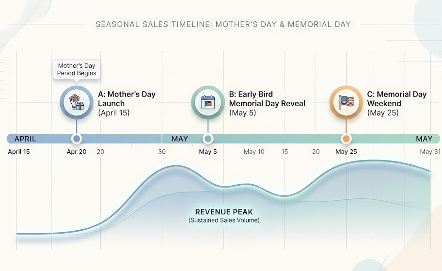  A marketing timeline showing the strategic launch dates for Mother's Day and Memorial Day campaigns to maximize revenue.