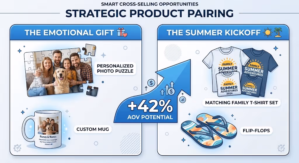 Infographic comparing Mother's Day sentimental gifts with Memorial Day outdoor lifestyle products for cross-selling.