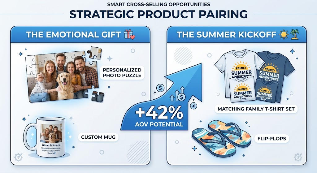 Infographic comparing Mother's Day sentimental gifts with Memorial Day outdoor lifestyle products for cross-selling.