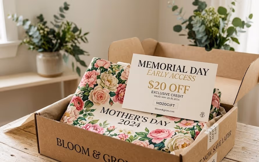 A Mother's Day product package containing a Memorial Day discount voucher to encourage repeat purchases.