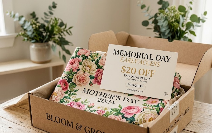 A Mother's Day product package containing a Memorial Day discount voucher to encourage repeat purchases.